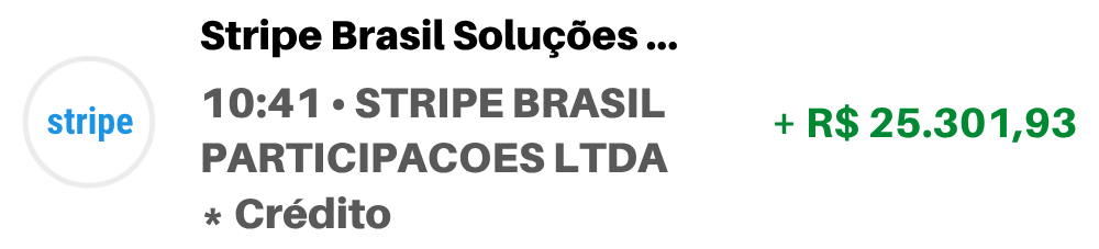 Crédito de R$ 25.301,93 via Stripe